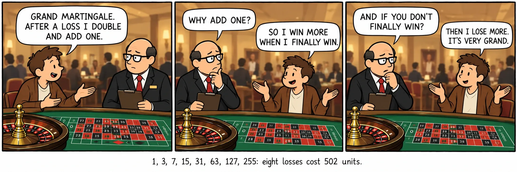 1, 3, 7, 15, 31, 63, 127, 255: astoņi zaudējumi maksā 502 vienības.