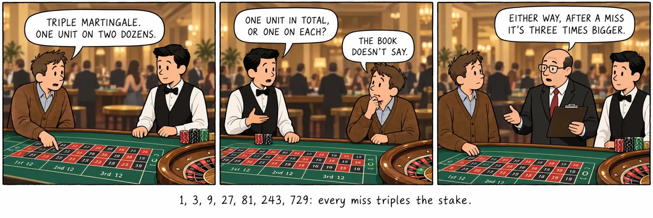 1, 3, 9, 27, 81, 243, 729: katrs netrāpījums trīskāršo likmi.